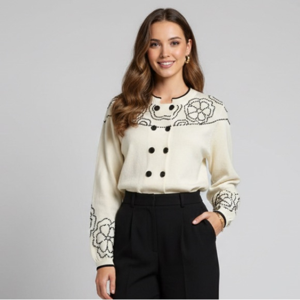 Storybook Knits Womens Ivory Cardigan Sweater Black Beads Cream Sweater‎